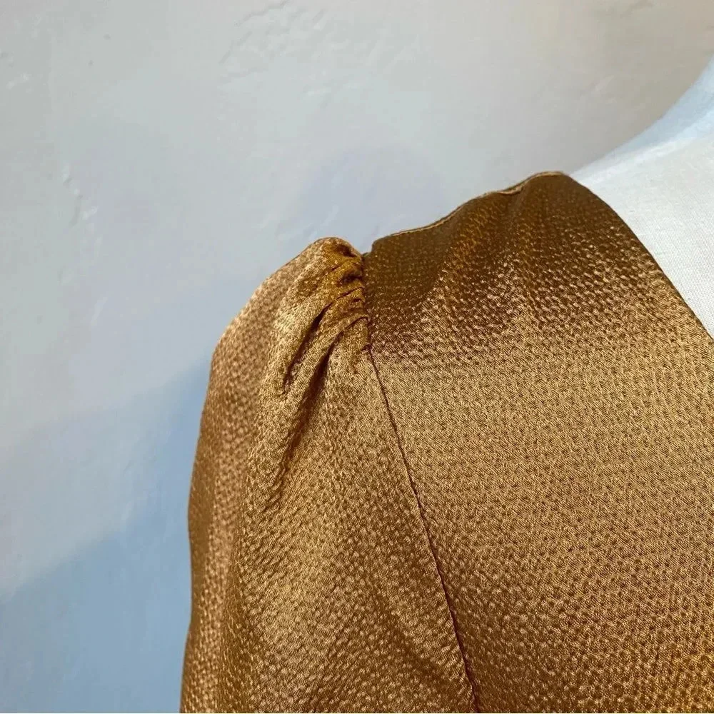 Lulu’s 4SI3NNA Brielle Bronze Satin Long Sleeve Midi Dress in Bronze Copper